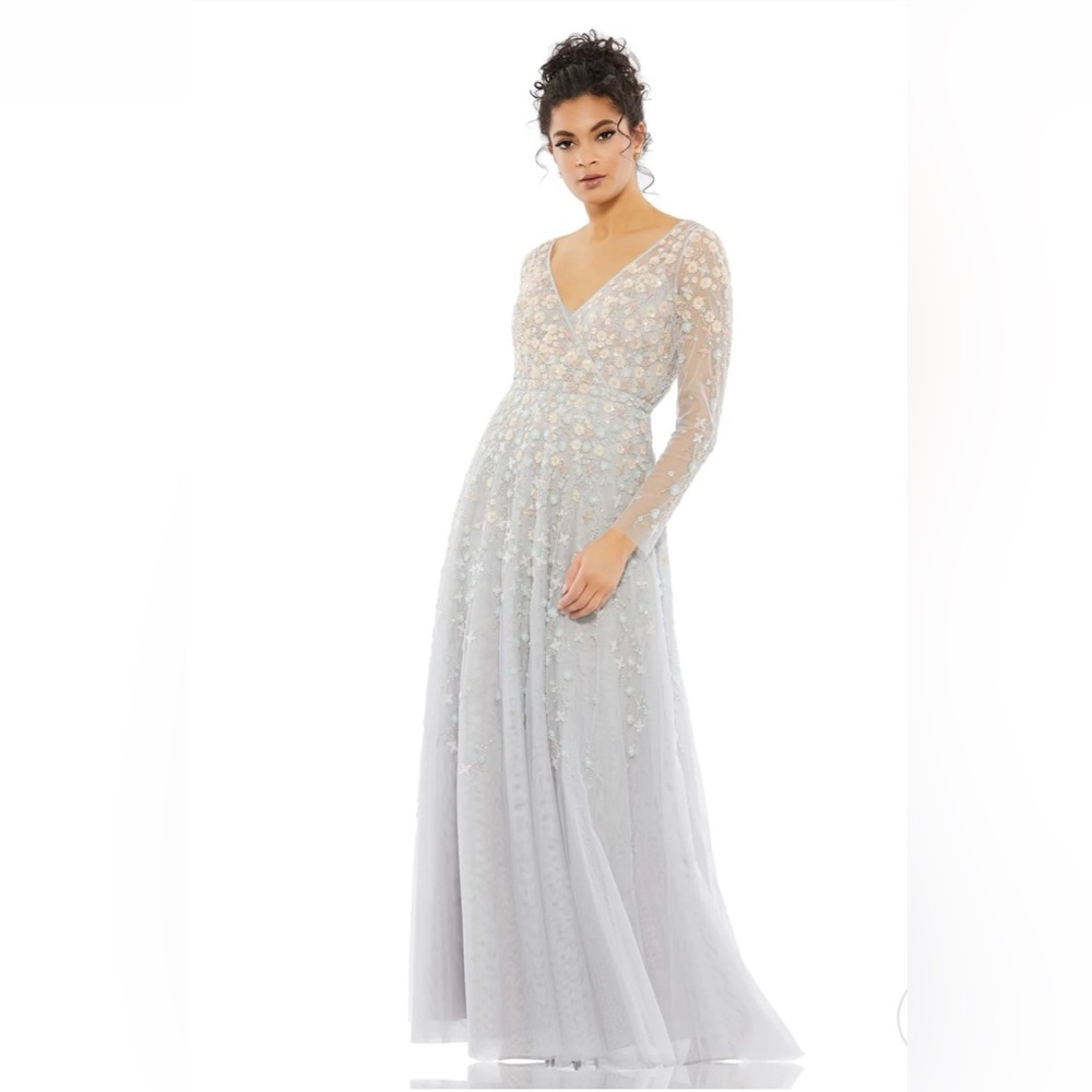 Mac Duggal EMBELLISHED WRAP OVER ILLUSION LONG SLEEVE A LINE Color Platinum Sz 8
